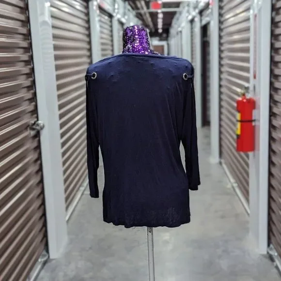 Alison Andrews XL Soft Navy Blue Long Sleeve Shirt w Metal Criss Cross Shoulder - Picture 2 of 7